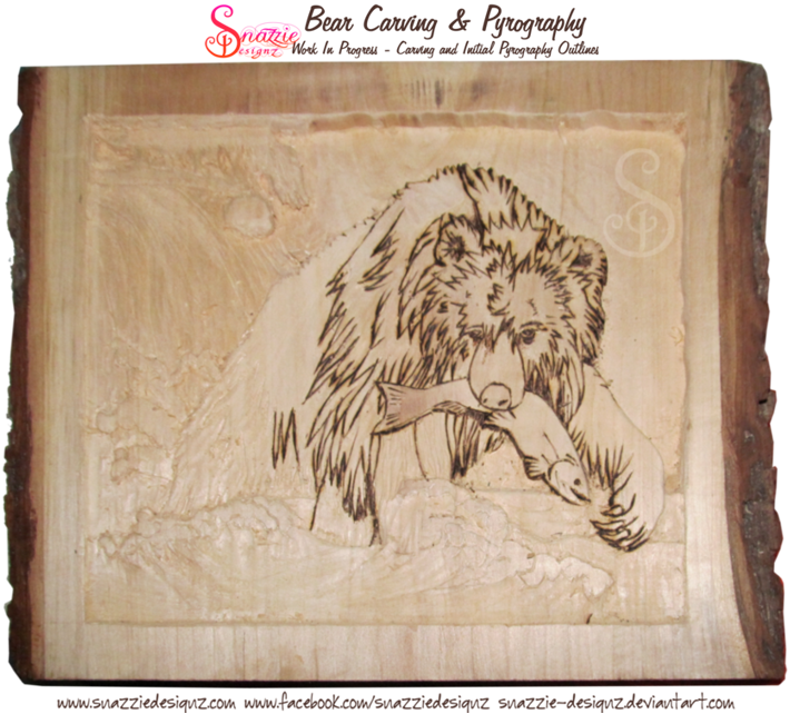 Bear carving - Beginning of the pyrographed outlines