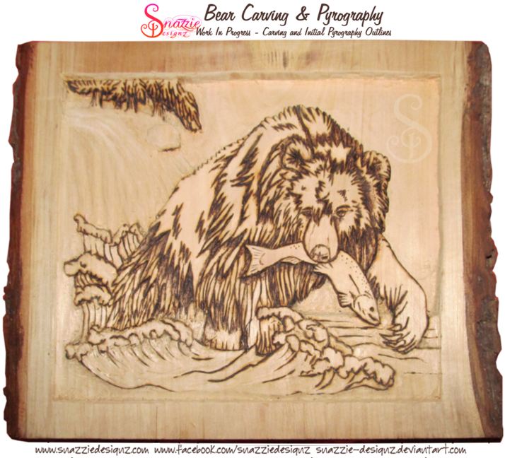 Bear Carving - Pyrography outlines complete and waterfall carved